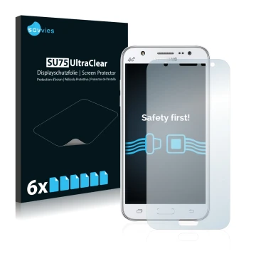 Face avant d’un emballage produit avec le logo de la marque Savvies. À côté, l’appareil Samsung Galaxy J5 2015 est représenté 