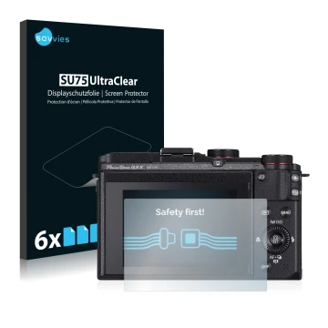 Face avant d’un emballage produit avec le logo de la marque Savvies. À côté, l’appareil Canon PowerShot G3 X est représenté av