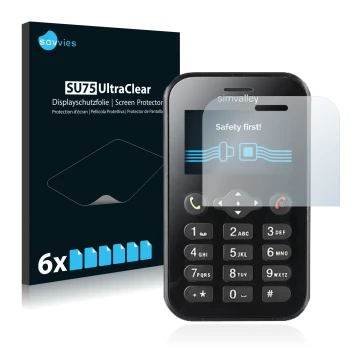 Face avant d’un emballage produit avec le logo de la marque Savvies. À côté, l’appareil Simvalley Mobile RX-484 Pico est repré