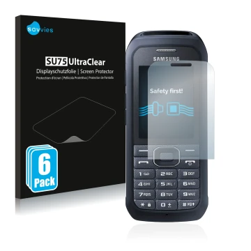 Face avant d’un emballage produit avec le logo de la marque Savvies. À côté, l’appareil Samsung Xcover 550 est représenté avec