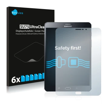 Face avant d’un emballage produit avec le logo de la marque Savvies. À côté, l’appareil Samsung Galaxy Tab Tab S2 8.0 LTE est 