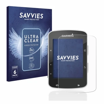 Face avant d’un emballage produit avec le logo de la marque Savvies. À côté, l’appareil Garmin Edge 520 est représenté avec la