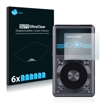 Face avant d’un emballage produit avec le logo de la marque Savvies. À côté, l’appareil FiiO X3 II est représenté avec la prot