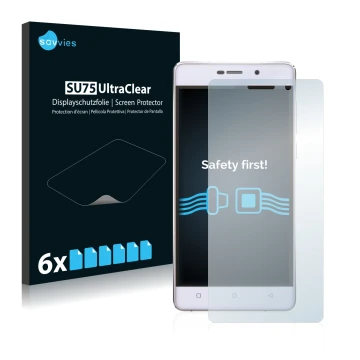Face avant d’un emballage produit avec le logo de la marque Savvies. À côté, l’appareil Gionee Marathon M4 est représenté avec