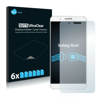 Face avant d’un emballage produit avec le logo de la marque Savvies. À côté, l’appareil Honor 7i est représenté avec la protec