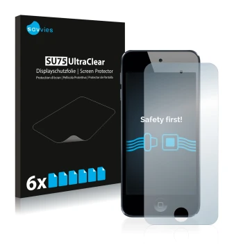 Face avant d’un emballage produit avec le logo de la marque Savvies. À côté, l’appareil Apple iPod Touch (6ème Gen.) est repré