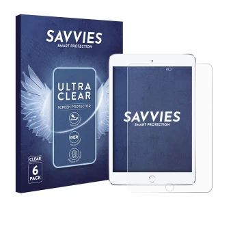 Face avant d’un emballage produit avec le logo de la marque Savvies. À côté, l’appareil Apple iPad Mini 4 2015 est représenté 