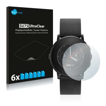 Face avant d’un emballage produit avec le logo de la marque Savvies. À côté, l’appareil Pebble Time Round est représenté avec 