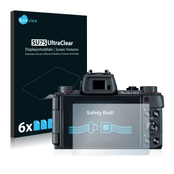 Face avant d’un emballage produit avec le logo de la marque Savvies. À côté, l’appareil Canon PowerShot G5 X est représenté av