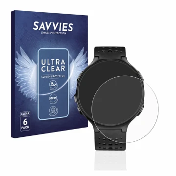 Face avant d’un emballage produit avec le logo de la marque Savvies. À côté, l’appareil Garmin Forerunner 235 est représenté a