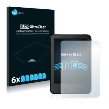 Face avant d’un emballage produit avec le logo de la marque Savvies. À côté, l’appareil Tolino Vision 3 HD est représenté avec