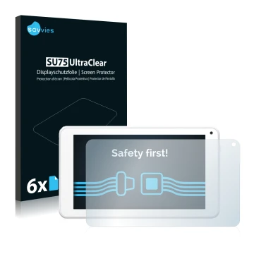 Face avant d’un emballage produit avec le logo de la marque Savvies. À côté, l’appareil BigBen Unity Tab 7 est représenté avec