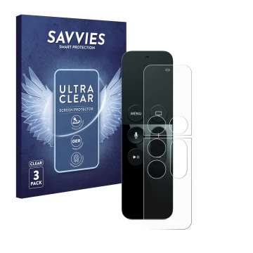 Face avant d’un emballage produit avec le logo de la marque Savvies. À côté, l’appareil Apple Remote Control Apple TV 4 est re