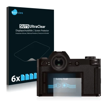 Face avant d’un emballage produit avec le logo de la marque Savvies. À côté, l’appareil Leica SL (Typ 601) est représenté avec