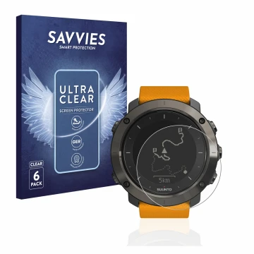 Face avant d’un emballage produit avec le logo de la marque Savvies. À côté, l’appareil Suunto Traverse est représenté avec la