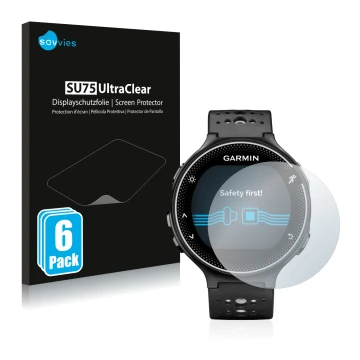 Face avant d’un emballage produit avec le logo de la marque Savvies. À côté, l’appareil Garmin Forerunner 230 est représenté a