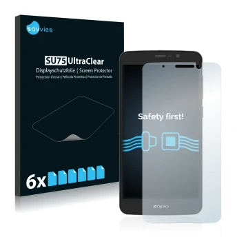 Face avant d’un emballage produit avec le logo de la marque Savvies. À côté, l’appareil Zopo Color S5.5 est représenté avec la