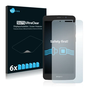 Face avant d’un emballage produit avec le logo de la marque Savvies. À côté, l’appareil Zopo Color E5.5 est représenté avec la