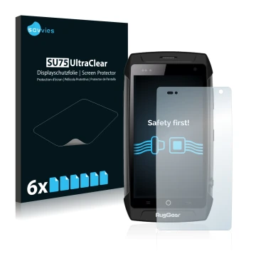 Face avant d’un emballage produit avec le logo de la marque Savvies. À côté, l’appareil RugGear RG730 est représenté avec la p