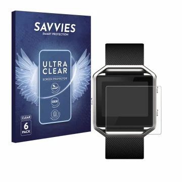 Face avant d’un emballage produit avec le logo de la marque Savvies. À côté, l’appareil Fitbit Blaze est représenté avec la pr