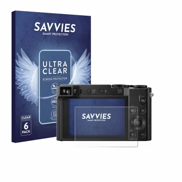 Face avant d’un emballage produit avec le logo de la marque Savvies. À côté, l’appareil Panasonic Lumix DMC-TZ101 est représen