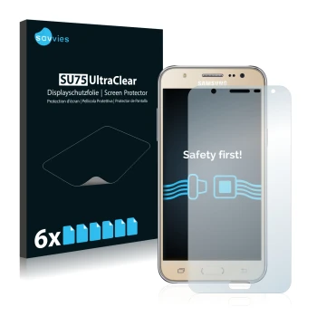 Face avant d’un emballage produit avec le logo de la marque Savvies. À côté, l’appareil Samsung Galaxy J7 2016 est représenté 