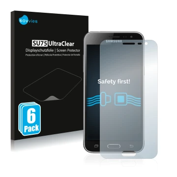 Face avant d’un emballage produit avec le logo de la marque Savvies. À côté, l’appareil Samsung Galaxy J3 Duos 2016 est représ