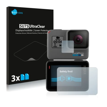 Face avant d’un emballage produit avec le logo de la marque Savvies. À côté, l’appareil GoPro Hero 5 Black est représenté avec