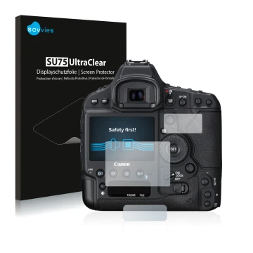 Face avant d’un emballage produit avec le logo de la marque Savvies. À côté, l’appareil Canon EOS 1D X Mark II est représenté 