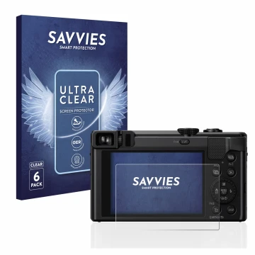 Face avant d’un emballage produit avec le logo de la marque Savvies. À côté, l’appareil Panasonic Lumix DMC-TZ80 est représent