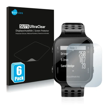 Face avant d’un emballage produit avec le logo de la marque Savvies. À côté, l’appareil Garmin Approach S20 est représenté ave