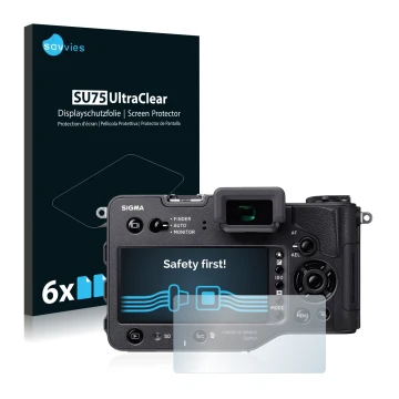 Face avant d’un emballage produit avec le logo de la marque Savvies. À côté, l’appareil Sigma SD Quattro H est représenté avec