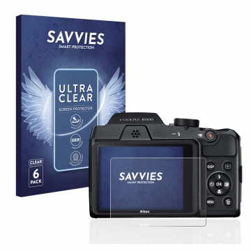 Face avant d’un emballage produit avec le logo de la marque Savvies. À côté, l’appareil Nikon Coolpix B500 est représenté avec