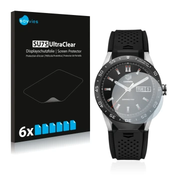 Face avant d’un emballage produit avec le logo de la marque Savvies. À côté, l’appareil TAG Heuer Connected 46 est représenté 