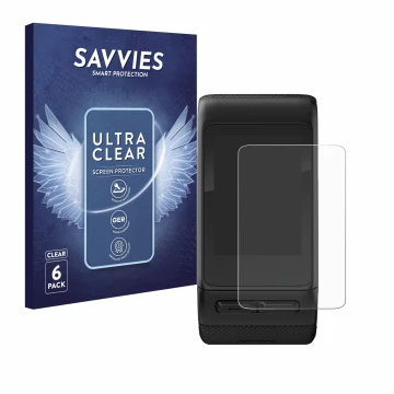 Face avant d’un emballage produit avec le logo de la marque Savvies. À côté, l’appareil Garmin vivoactive HR est représenté av