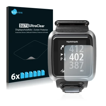 Face avant d’un emballage produit avec le logo de la marque Savvies. À côté, l’appareil TomTom Golfer 2 est représenté avec la