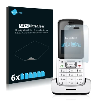 Face avant d’un emballage produit avec le logo de la marque Savvies. À côté, l’appareil Gigaset SL450HX est représenté avec la