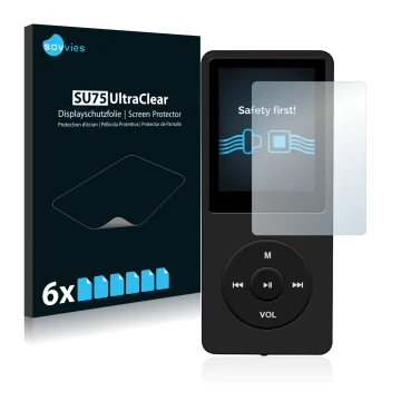 Face avant d’un emballage produit avec le logo de la marque Savvies. À côté, l’appareil AGPtek 8GB MP3-Player est représenté a