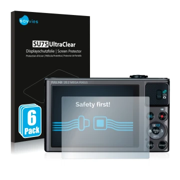 Face avant d’un emballage produit avec le logo de la marque Savvies. À côté, l’appareil Canon PowerShot SX620 HS est représent