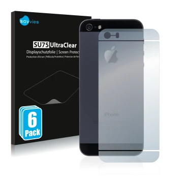 Face avant d’un emballage produit avec le logo de la marque Savvies. À côté, l’appareil Apple iPhone SE 2016 Le dos (tutt la s