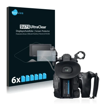 Face avant d’un emballage produit avec le logo de la marque Savvies. À côté, l’appareil Sony PXW-FS5 est représenté avec la pr