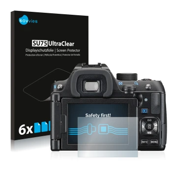 Face avant d’un emballage produit avec le logo de la marque Savvies. À côté, l’appareil Pentax K-70 est représenté avec la pro