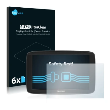 Face avant d’un emballage produit avec le logo de la marque Savvies. À côté, l’appareil TomTom Start 62 est représenté avec la