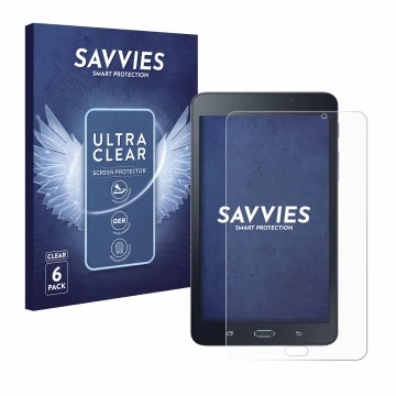 Face avant d’un emballage produit avec le logo de la marque Savvies. À côté, l’appareil Samsung Galaxy Tab A6 7.0 est représen
