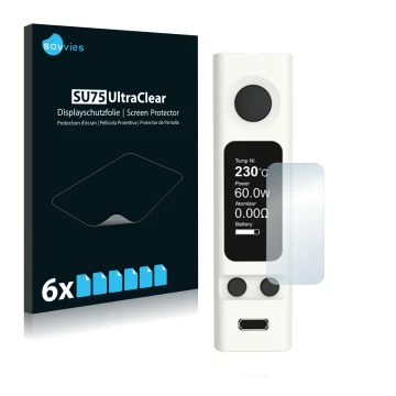 Face avant d’un emballage produit avec le logo de la marque Savvies. À côté, l’appareil Joyetech eVic VTwo Mini est représenté