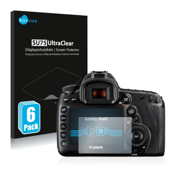 Face avant d’un emballage produit avec le logo de la marque Savvies. À côté, l’appareil Canon EOS 5D Mark IV est représenté av