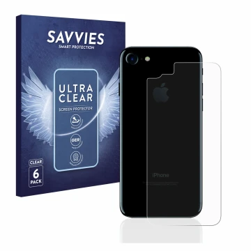 Face avant d’un emballage produit avec le logo de la marque Savvies. À côté, l’appareil Apple iPhone 7 Le dos (toute la surfac