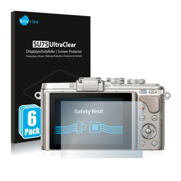 Face avant d’un emballage produit avec le logo de la marque Savvies. À côté, l’appareil Olympus PEN E-PL8 est représenté avec 