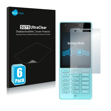 Face avant d’un emballage produit avec le logo de la marque Savvies. À côté, l’appareil Nokia 216 est représenté avec la prote