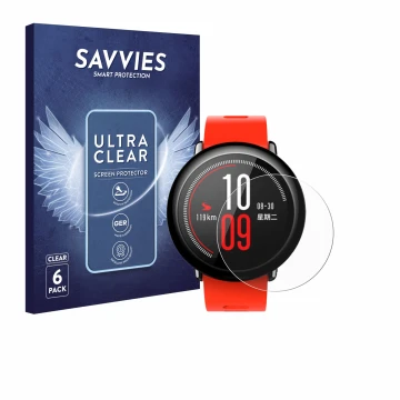 Face avant d’un emballage produit avec le logo de la marque Savvies. À côté, l’appareil Huami Amazfit Pace est représenté avec